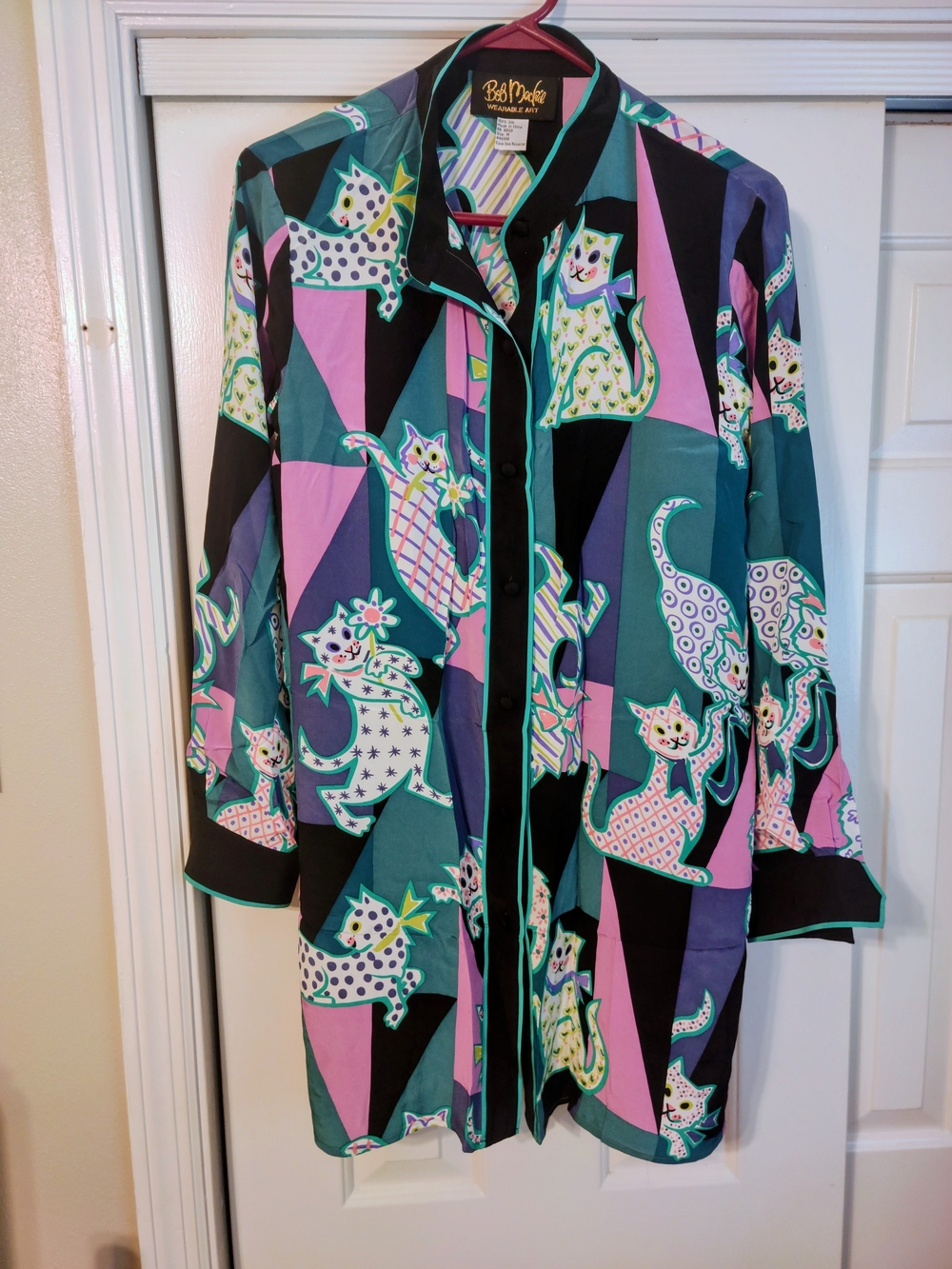 Bob Mackie Teal & Pink Cat Print Button Up Shirt